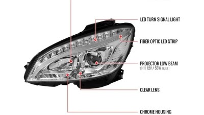 Spec-D Projector Headlights w/ LED Light Bar & LED Turn Signal Lights (Chrome Housing/Clear Lens) Mercedes-Benz W204 C-Class 2008-2011                                     - LHP-BW20408-TM - Image 9