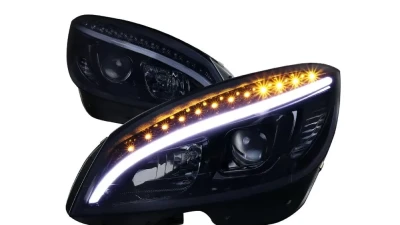 Spec-D Projector Headlights w/ LED Light Bar & LED Turn Signal Lights (Glossy Black Housing/Smoked Lens) Mercedes-Benz W204 C-Class 2008-2011                                     - LHP-BW20408G-TM - Image 10