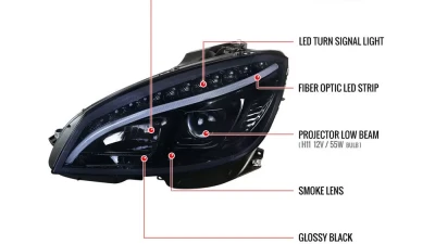 Spec-D Projector Headlights w/ LED Light Bar & LED Turn Signal Lights (Glossy Black Housing/Smoked Lens) Mercedes-Benz W204 C-Class 2008-2011                                     - LHP-BW20408G-TM - Image 9