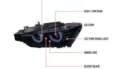 Spec-D Dual LED U-Bar Projector HID-Compatible Headlights w/ LED Turn Signal Lights (Glossy Black Housing/Smoked Lens) BMW F30 3-Series 2012-2015                                     - LHP-F3012G-HD-TM - Image 9
