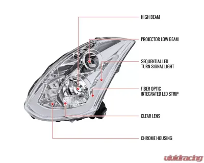 Spec-D Projector Headlights w/ LED Light Bar & Sequential Turn Signal Lights (Chrome Housing/Clear Lens) Infiniti G35 2003-2007 - LHP-G35032-SQ-RS