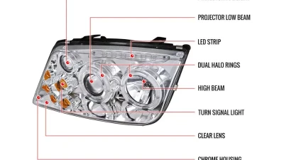 Spec-D Dual Halo Projector Headlights w/ LED Light Strip (Chrome Housing/Clear Lens) Volkswagen Jetta | Bora 1999-2005                                     - LHP-JET99-RS - Image 9