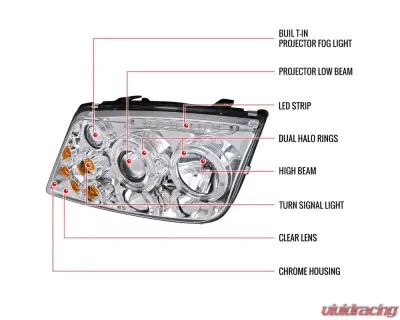 Spec-D Dual Halo Projector Headlights w/ LED Light Strip (Chrome Housing/Clear Lens) Volkswagen Jetta | Bora 1999-2005 - LHP-JET99-RS