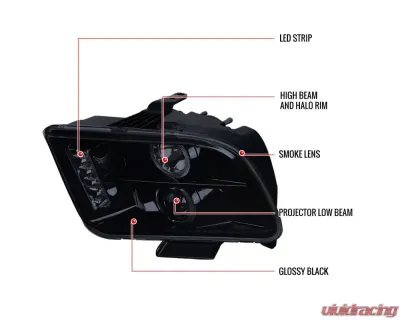 Spec-D Halo Projector Headlights w/ LED Light Strip (Glossy Black Housing/Smoked Lens) Ford Mustang 2005-2009 - LHP-MST05G-TM