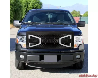 Spec-D Carbon Fiber Look Raptor Style Mesh Grille w/ LED Light Bar Ford F-150 2009-2014 - HG-F15009CL-DRL-RS