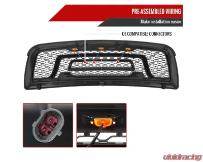 Spec-D Rebel Spec-D Style Front hood Grille with Amber LED Lights Dodge RAM 1500 2009-2012 - HG-RAM0915BB-LED-JB