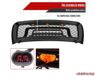 Spec-D Rebel Style Hood Grille w/ Amber LED Lights Dodge Ram 2500 | 3500 2010-2018 - HG-RAM1025BB-LED-JB