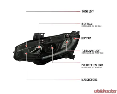 Spec-D LED Strip Factory Style Projector Headlights Matte Black Housing/Smoke Lens Honda Civic 2016-2021 - LHP-CV16SM-RO