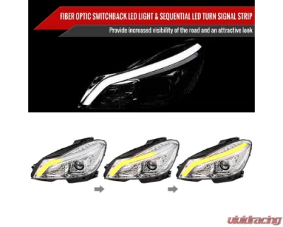 Spec-D Switchback Sequential LED Bar Projector Headlights (Chrome Housing/Clear Lens) Mercedes-Benz W204 C-Class 2012-2015 - LHP-BW20412-SQ-TM