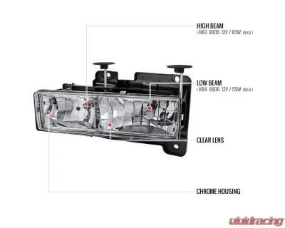 Spec-D Crystal Headlights (Chrome Housing/Clear Lens) Chevrolet | GMC 1988-1999 - LH-C1088-RS