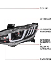 Spec-D LED Headlights w/ LED Switchback Sequential Turn Signal Matte Black Housing/Clear Lens Honda Civic 2016-2021                                     - LHE-CV16LJM-SQ-RS - Image 8