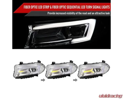 Spec-D LED Strip Projector Headlights w/ LED Sequential Turn Signal Chrome Housing/Clear Lens Dodge Charger 2015-2023 - LHP-CHG15-SQ-TM