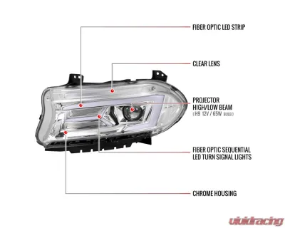 Spec-D LED Strip Projector Headlights w/ LED Sequential Turn Signal Chrome Housing/Clear Lens Dodge Charger 2015-2023 - LHP-CHG15-SQ-TM