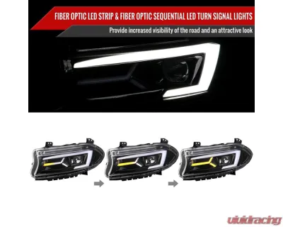 Spec-D LED Strip Projector Headlights w/ LED Sequential Turn Signal Jet Black Housing/Clear Lens Dodge Charger 2015-2023 - LHP-CHG15BK-SQ-TM