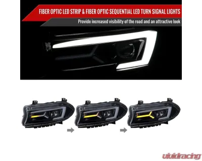 Spec-D LED Strip Projector Headlights w/ LED Sequential Turn Signal Chrome Housing/Smoke Lens Dodge Charger 2015-2023 - LHP-CHG15G-SQ-TM