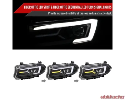Spec-D LED Strip Projector Headlights w/ LED Sequential Turn Signal Matte Black Housing/Clear Lens Dodge Charger 2015-2023 - LHP-CHG15JM-SQ-TM