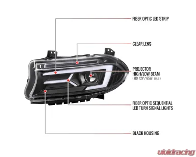 Spec-D LED Strip Projector Headlights w/ LED Sequential Turn Signal Matte Black Housing/Clear Lens Dodge Charger 2015-2023 - LHP-CHG15JM-SQ-TM