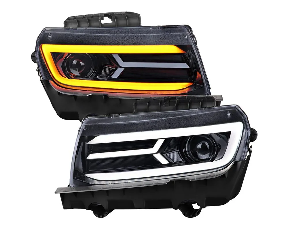 Spec-D LED Strip Projector Headlights Glossy Black Housing/Smoke Lens Chevrolet Camaro 2014-2015 - LHP-CMR14G-SQ-TM