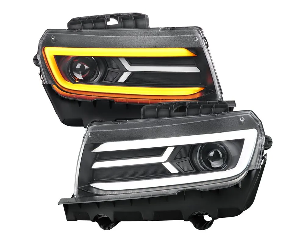 Spec-D LED Strip Projector Headlights w/ Sequential Turn Signal Lights Matte Black Housing/Clear Lens Chevrolet Camaro 2014-2015 - LHP-CMR14JM-SQ-TM