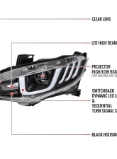 Spec-D Projector Headlights w/ LED Switchback Sequential Turn Signal Matte Black Housing/Clear Lens Honda Civic 2016-2021                                     - LHP-CV16JM-SQ-RS - Image 8