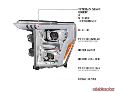 Spec-D Projector Headlight w/ Switchback Sequential Turn Signal LED Bar (Chrome Housing / Clear Lens) Ford F-150 2021-2025 - 2LHP-F15021-SQ-RS