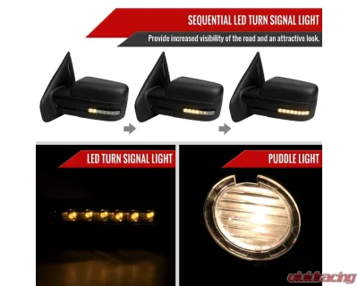 Spec-D Black Side Mirrors w/ LED Turn Signal & Puddle Light Ford F150 2007-2014 - RMV-F15007HPLED-FS