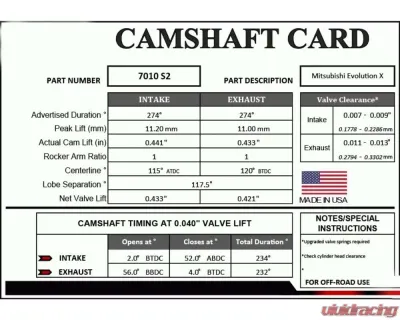 GSC P-D 274/274 Billet S2 Camshaft Mitsubishi 4B11T Evolution 10 Dual Mivec 2008-2015 - 7010S2