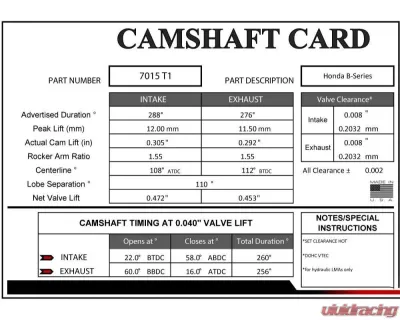 GSC P-D 288/276 Billet S1 Camshaft B Series VTEC Turbo Profile - 7015T1