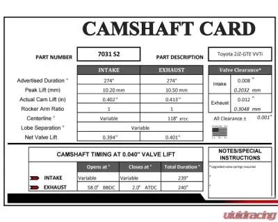 GSC P-D 274/274 Billet S2 Camshaft Toyota 2JZ-GE VVTI - 7031S2