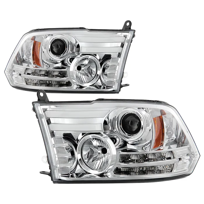 Spyder Auto Chrome Projector Headlights with Light Bar and DRL Dodge Ram 2500 | 3500 with Halogen Lights 10-16 - PRO-YD-DR09-LBDRL-C