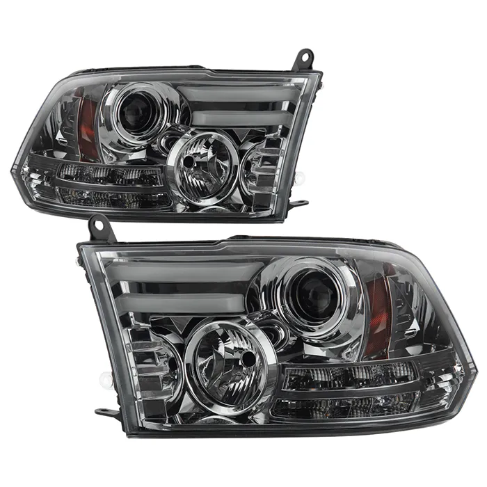 Spyder Auto Smoke Projector Headlights with Light Bar and DRL Dodge Ram 2500 | 3500 Non-Dual|Quad Headlights 2013-2016 - PRO-YD-DR13-LBDRL-SM