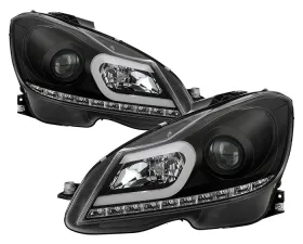 Spyder Auto Black DRL Projector Headlights with High H1 and Low H7 Lights Included Mercedes Benz W204 C180 with Halogen Lights 2012-2013