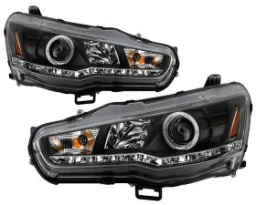 Spyder Auto Black DRL LED Halo Projector Headlights with High H1 Lights Included Mitsubishi EVO X with Halogen Lights 2008-2015