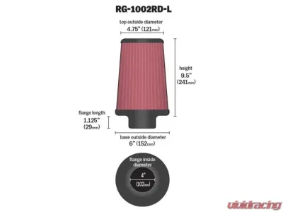 K&N Chrome Round Tapered Universal Air Filter RG-1002RD-L, 4 in Flange, Washable Red Cotton Gauze - RG-1002RD-L