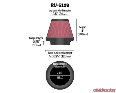 K&N Universal Clamp-On Air Filter, 5.063 in Diameter, Round Tapered, Red Cotton Gauze - RU-5128