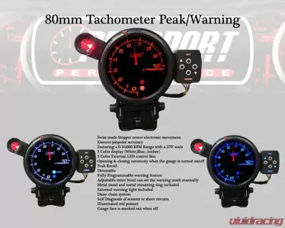 Prosport Performance Tachometer 3 Color 80mm 3 0.0625-Inch - 314SMTASWL270-PK