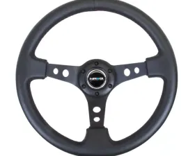 NRG Reinforced Sport Steering Wheel 350mm 3 Inch Deep Black Spoke Round holes Black Leather