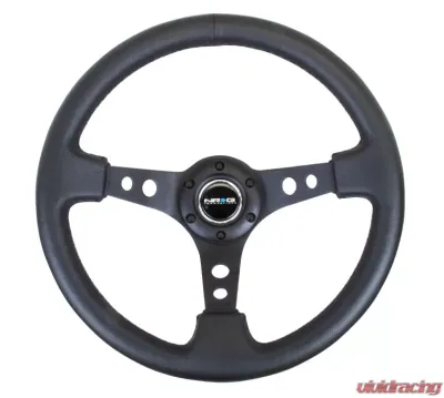 NRG Reinforced Sport Steering Wheel 350mm 3 Inch Deep Black Spoke Round holes Black Leather - RST-006BK