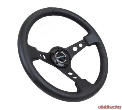 NRG Reinforced Sport Steering Wheel 350mm 3 Inch Deep Black Spoke Round holes Black Leather - RST-006BK