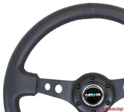 NRG Reinforced Sport Steering Wheel 350mm 3 Inch Deep Black Spoke Round holes Black Leather - RST-006BK