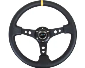NRG Reinforced Sport Steering Wheel 350mm 3 Inch Deep Black Spoke Round holes Black Leather Yellow Stripes