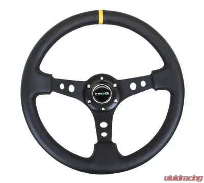 NRG Reinforced Sport Steering Wheel 350mm 3 Inch Deep Black Spoke Round holes Black Leather Yellow Stripes - RST-006BK-Y