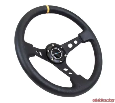 NRG Reinforced Sport Steering Wheel 350mm 3 Inch Deep Black Spoke Round holes Black Leather Yellow Stripes - RST-006BK-Y