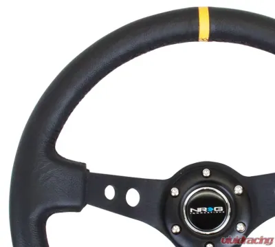 NRG Reinforced Sport Steering Wheel 350mm 3 Inch Deep Black Spoke Round holes Black Leather Yellow Stripes - RST-006BK-Y