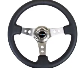 NRG Reinforced Sport Steering Wheel 350mm 3 Inch Deep Gun Metal Spoke Round holes Black Leather