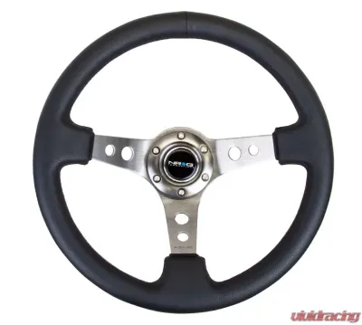NRG Reinforced Sport Steering Wheel 350mm 3 Inch Deep Gun Metal Spoke Round holes Black Leather - RST-006GM