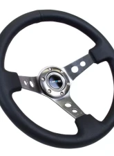 NRG Reinforced Sport Steering Wheel 350mm 3 Inch Deep Gun Metal Spoke Round holes Black Leather                                     - RST-006GM - Image 2