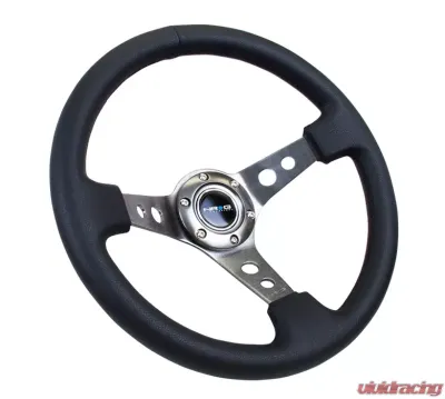 NRG Reinforced Sport Steering Wheel 350mm 3 Inch Deep Gun Metal Spoke Round holes Black Leather - RST-006GM