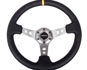 NRG Reinforced Sport Steering Wheel 350mm 3 Inch Deep Gun Metal Spoke Round holes Black Leather Yellow Center Mark