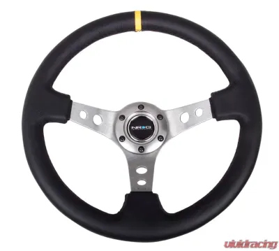 NRG Reinforced Sport Steering Wheel 350mm 3 Inch Deep Gun Metal Spoke Round holes Black Leather Yellow Center Mark - RST-006GM-Y
